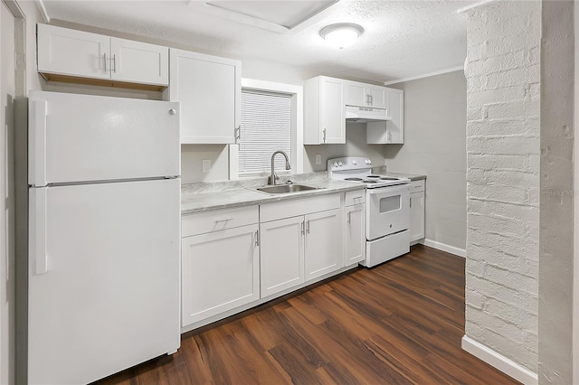 626 Marvin C Zanders Ave, Apopka, FL 32703 - kitchen with a sink, under cabinet range hood, dark wood-style floors, white appliances, and light countertops