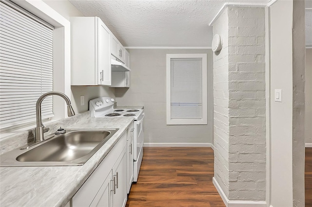 626 Marvin C Zanders Ave, Apopka, FL 32703 - kitchen with white electric range oven, dark wood finished floors, a sink, under cabinet range hood, and a textured ceiling