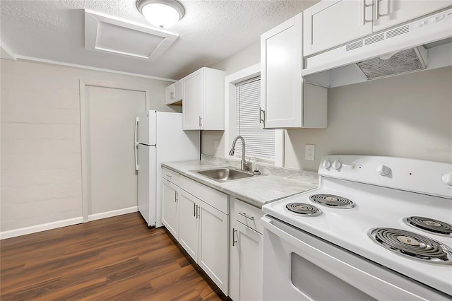 626 Marvin C Zanders Ave, Apopka, FL 32703 - kitchen with a sink, under cabinet range hood, light countertops, white appliances, and dark wood-style flooring