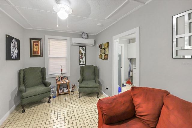 626 Marvin C Zanders Ave, Apopka, FL 32703 - living area featuring light tile patterned flooring, ceiling fan, baseboards, and a wall unit AC