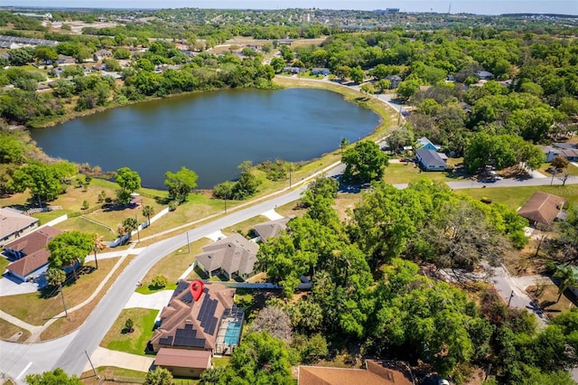 birds eye view of property featuring a residential view and a water view