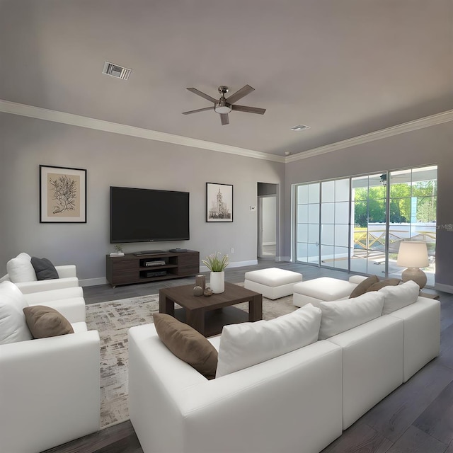 311 W Delaware Ave, Lake Helen, FL 32744 - living room with ornamental molding, baseboards, ceiling fan, and wood finished floors
