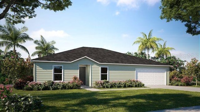 single story home featuring an attached garage, concrete driveway, and a front lawn