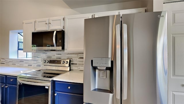 213 Almaden Ct, Winter Springs, FL 32708 - kitchen with light countertops, white cabinetry, stainless steel appliances, decorative backsplash, and blue cabinetry