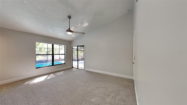 213 Almaden Ct, Winter Springs, FL 32708 - empty room with carpet flooring, a textured ceiling, high vaulted ceiling, baseboards, and a ceiling fan