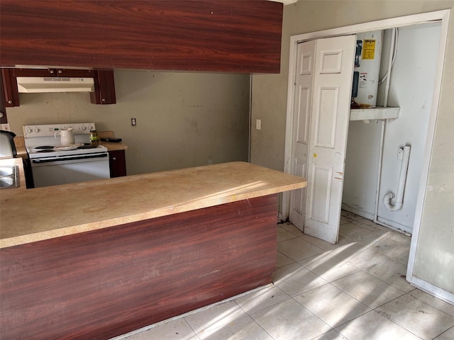 2918 E Waters Ave, Tampa, FL 33604 - kitchen with water heater, under cabinet range hood, white electric stove, and light tile patterned floors