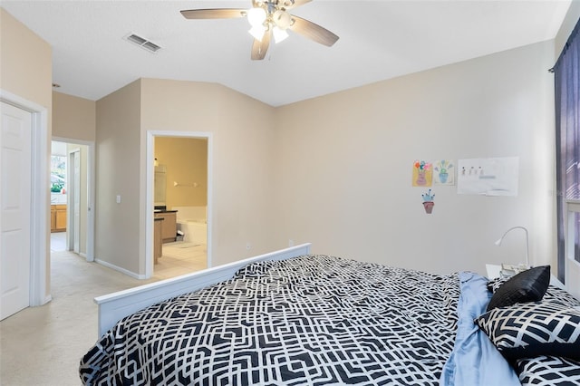 bedroom featuring a ceiling fan, visible vents, baseboards, vaulted ceiling, and light colored carpet