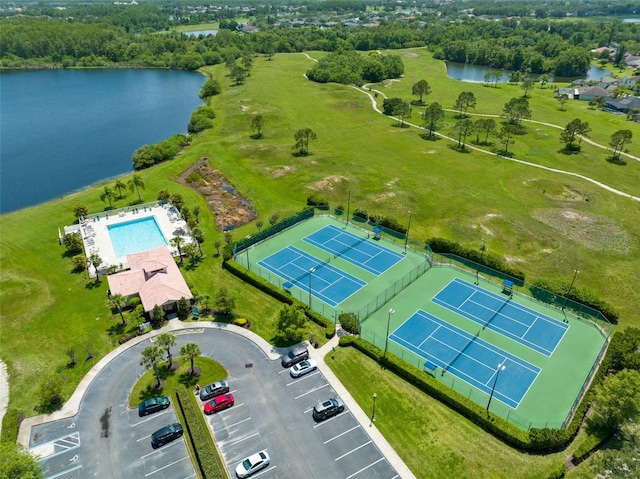 bird's eye view with a water view