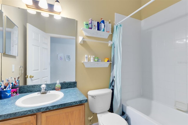 full bath featuring shower / bathtub combination with curtain, toilet, and vanity