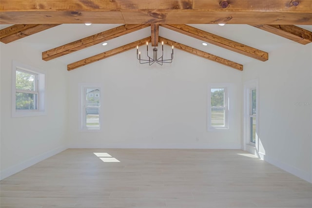 unfurnished room featuring baseboards, vaulted ceiling with beams, light wood finished floors, and recessed lighting