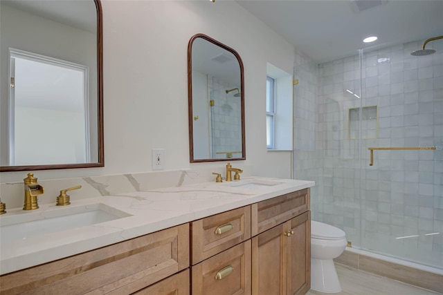 full bathroom featuring a sink, a shower stall, and toilet