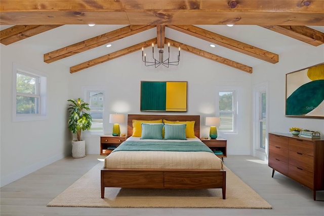 bedroom with light wood-type flooring, vaulted ceiling with beams, baseboards, and recessed lighting