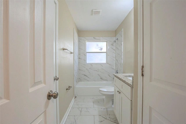 3645 6th St S, Saint Petersburg, FL 33705 - full bath featuring toilet, vanity,  shower combination, marble finish floor, and visible vents