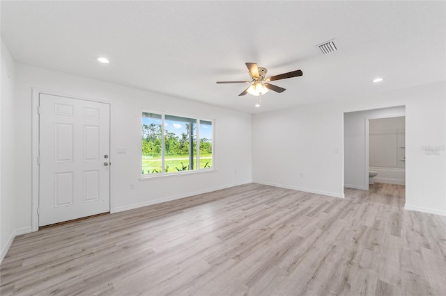 interior space with recessed lighting, light wood-style floors, baseboards, and ceiling fan