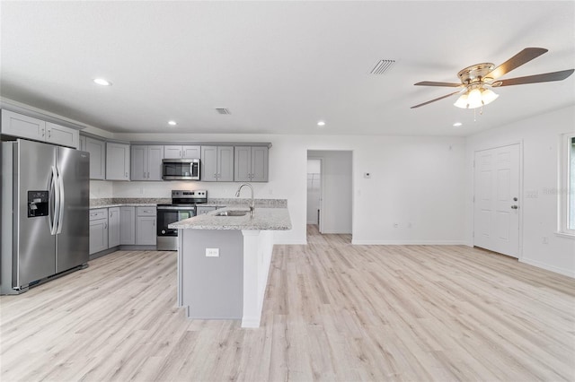 kitchen featuring visible vents, a peninsula, gray cabinets, a sink, and stainless steel appliances