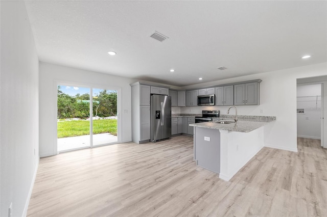 kitchen with visible vents, a peninsula, gray cabinets, a sink, and stainless steel appliances