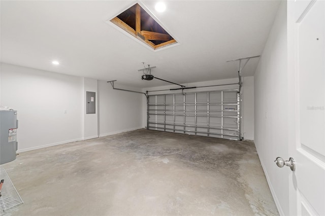garage featuring water heater, baseboards, a garage door opener, and electric panel