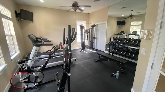 6274 Bristol Channel Way, Orlando, FL 32829 - exercise room with recessed lighting, visible vents, baseboards, and a ceiling fan