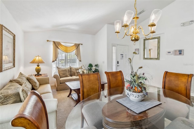 living room featuring visible vents, vaulted ceiling, a notable chandelier, and light carpet