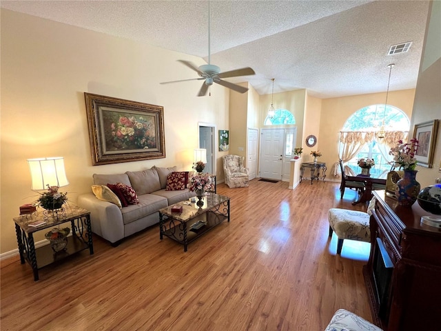 4638 River Ridge Drive, Leesburg, FL 34748 - living room featuring a ceiling fan, light wood-style floors, visible vents, and a textured ceiling