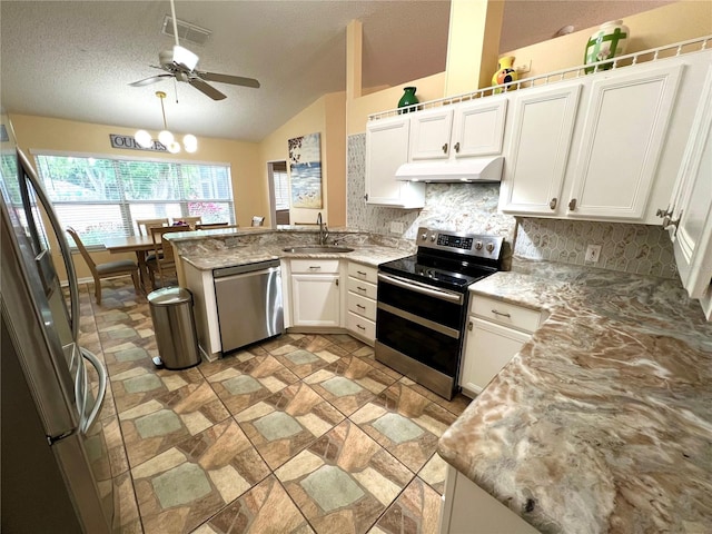 4638 River Ridge Drive, Leesburg, FL 34748 - kitchen with a peninsula, a sink, stainless steel appliances, vaulted ceiling, and tasteful backsplash