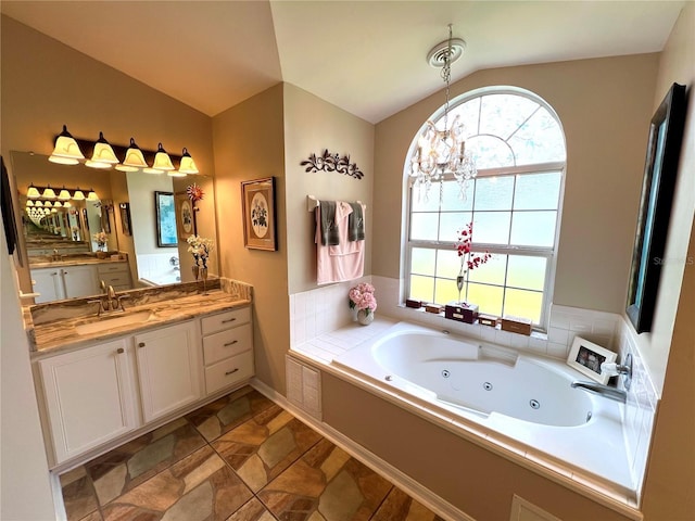 4638 River Ridge Drive, Leesburg, FL 34748 - full bath featuring vanity, vaulted ceiling, a whirlpool tub, and a wealth of natural light