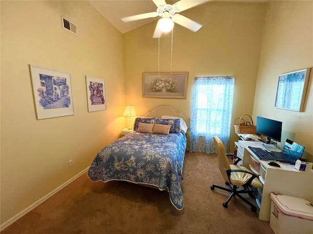 4638 River Ridge Drive, Leesburg, FL 34748 - bedroom featuring visible vents, baseboards, carpet flooring, high vaulted ceiling, and a ceiling fan