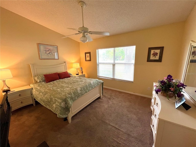 4638 River Ridge Drive, Leesburg, FL 34748 - bedroom with lofted ceiling, a textured ceiling, dark colored carpet, baseboards, and ceiling fan