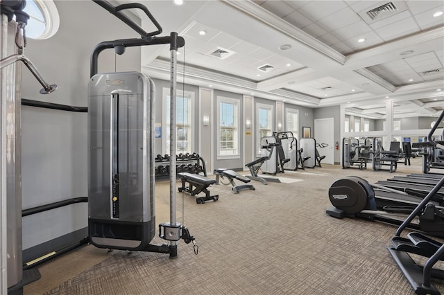1158 Oak Bluff Dr, Davenport, FL 33837 - gym featuring coffered ceiling, recessed lighting, and carpet floors