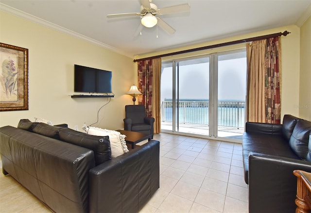13427 Blue Heron Beach Dr Unit 1802, Orlando, FL 32821 - living area featuring light tile patterned floors, ceiling fan, and crown molding