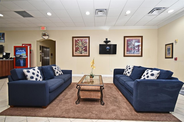 13427 Blue Heron Beach Dr Unit 1802, Orlando, FL 32821 - tiled living area featuring elevator, crown molding, and visible vents