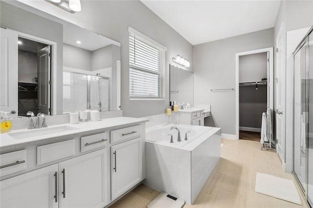 8384 Ludington Cir, Orlando, FL 32836 - full bathroom with a bath, two vanities, a sink, a stall shower, and a walk in closet