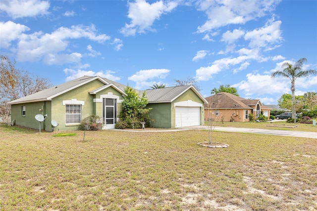 single story home with stucco siding, concrete driveway, a garage, and a front lawn