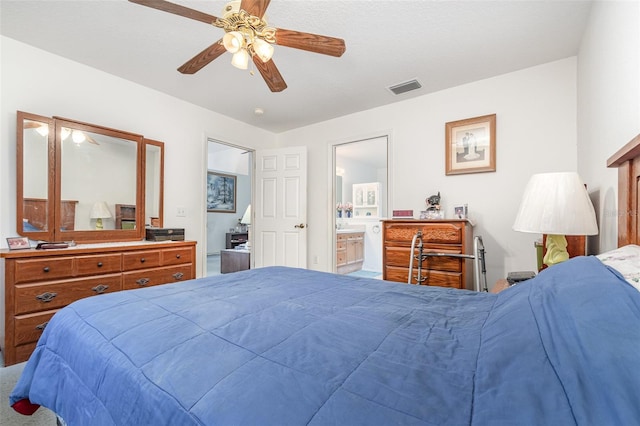 bedroom featuring a ceiling fan, connected bathroom, and visible vents