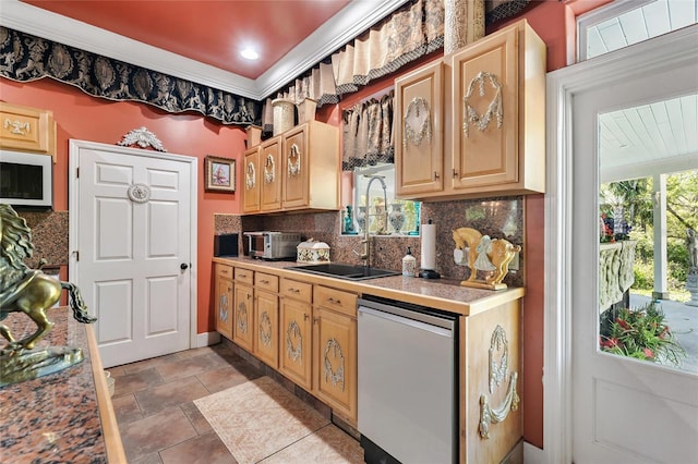 kitchen featuring stainless steel dishwasher, white microwave, decorative backsplash, and a sink