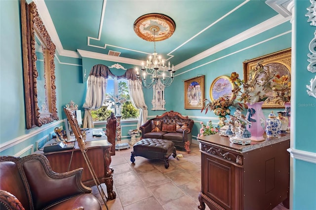 living area with ornamental molding, visible vents, an inviting chandelier, and tile patterned floors