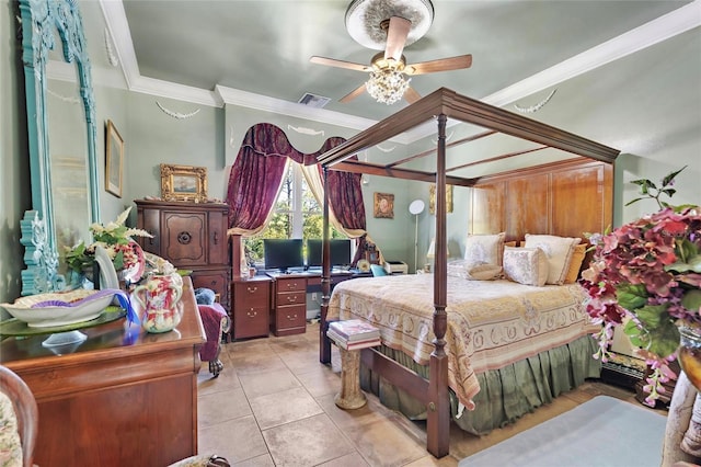 bedroom featuring light tile patterned floors, ceiling fan, visible vents, and crown molding