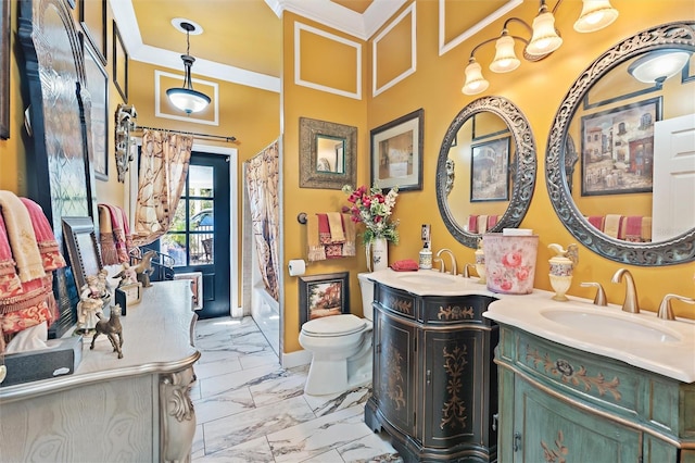 bathroom featuring toilet, marble finish floor, a sink, and two vanities