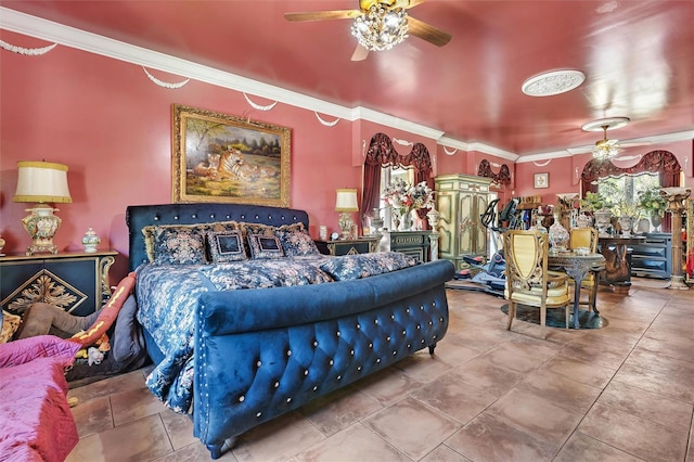 bedroom featuring ornamental molding and ceiling fan