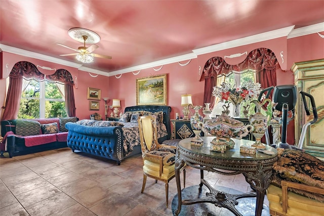 interior space featuring ceiling fan and crown molding