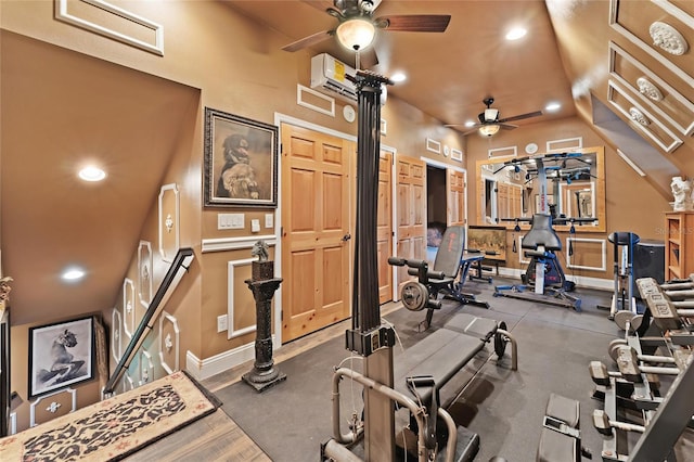 exercise room featuring a wall mounted air conditioner, baseboards, recessed lighting, a ceiling fan, and lofted ceiling
