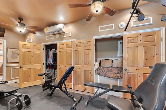workout room with a ceiling fan and an AC wall unit