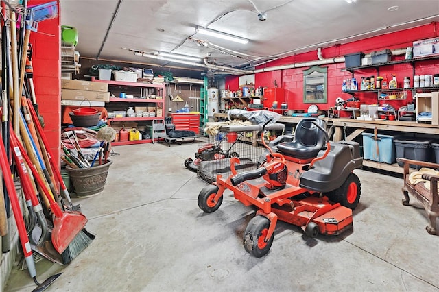 garage with a workshop area
