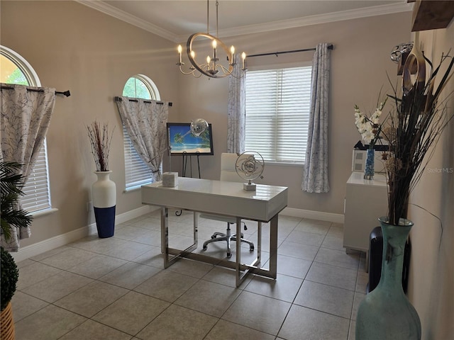 15149 Canoe Pl, Winter Garden, FL 34787 - home office featuring tile patterned floors, ornamental molding, baseboards, and a chandelier
