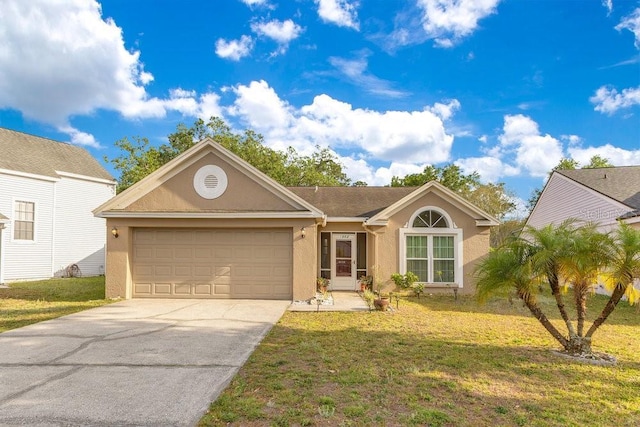 1002 Kelsey Ave, Oviedo, FL 32765 - ranch-style house with stucco siding, driveway, a front lawn, and an attached garage