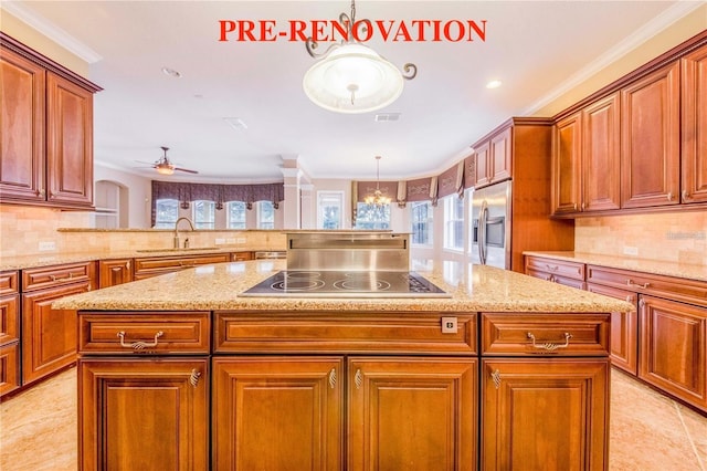 25813 Feather Ridge Ln, Sorrento, FL 32776 - kitchen featuring black electric cooktop, stainless steel refrigerator with ice dispenser, decorative backsplash, crown molding, and a center island