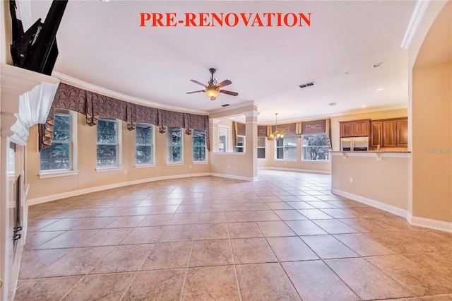 25813 Feather Ridge Ln, Sorrento, FL 32776 - unfurnished living room with crown molding, ceiling fan, light tile patterned floors, and a chandelier