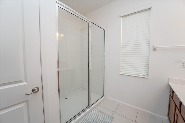 2659 Calistoga Ave, Kissimmee, FL 34741 - bathroom with a shower stall, tile patterned flooring, vanity, and baseboards
