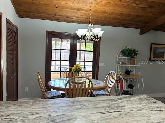 1500 Markham Woods Rd, Longwood, FL 32779 - unfurnished dining area with vaulted ceiling, an inviting chandelier, and wood ceiling