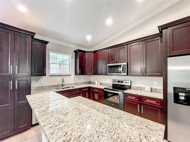 509 Mulberry St, Fruitland Park, FL 34731 - kitchen with crown molding, light stone countertops, stainless steel appliances, a sink, and vaulted ceiling